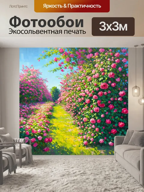 Фотообои прекрасный сад с розами под ясным небом, работа в стиле романтической живописи для передачи красоты природы