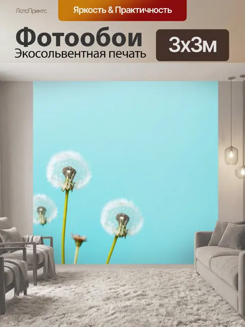 Фотообои цветы в стиле минимализм с силуэтом одуванчиков на нежно-голубом фоне