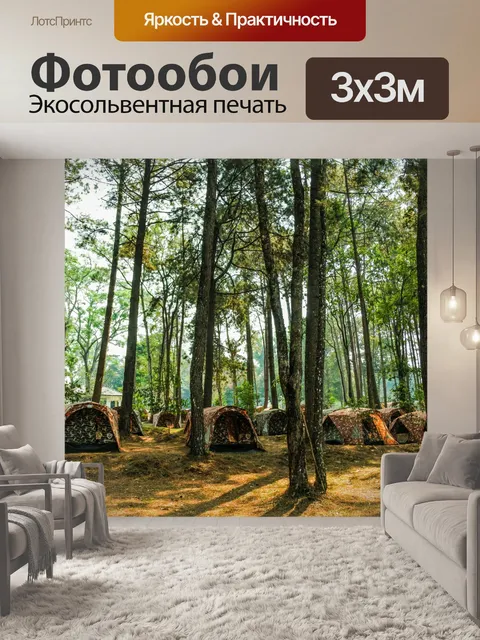 Фотообои Туристический лагерь в сосновом лесу на