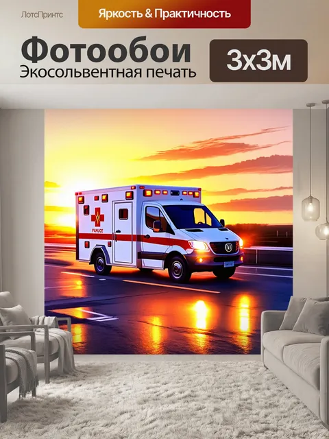 Фотообои скорая помощь, выезжающая на вызов на фоне заката, с яркими огнями, выполненная в технике акварели с мягкими…
