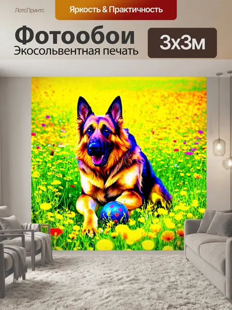 Фотообои в поле, полном диких цветов, старая немецкая овчарка весело играет с мячом
