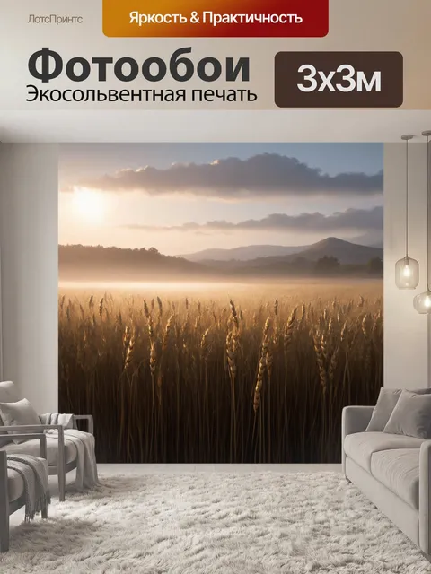 Фотообои поле злаков, покрытое туманом ранним утром, когда первые лучи солнца начинают пробиваться сквозь облака