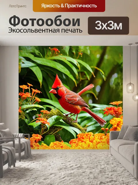 Фотообои красный кардинал порхает среди буйной зелени тропического леса, его цвета сверкают среди ярких цветов и листвы