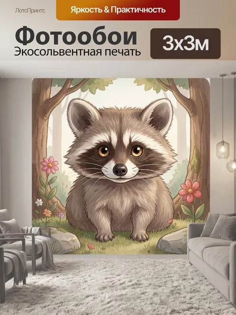 Фотообои Енотик среди лесных цветов
