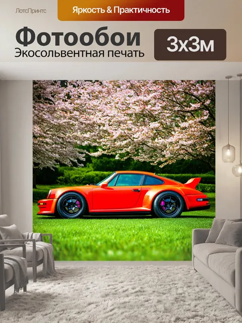 Фотообои спортивный автомобиль в городском парке среди зелени и цветущих деревьев