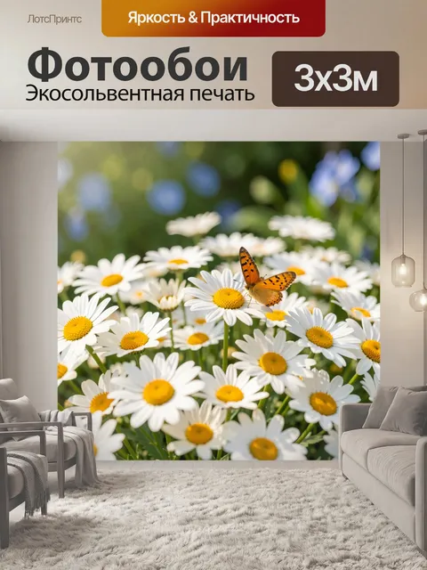 Фотообои Бабочка на ромашковом лугу