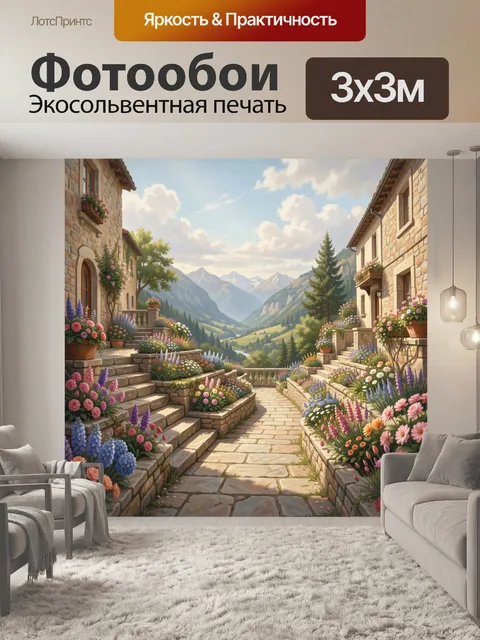 Фотообои Цветущий двор с видом на горы