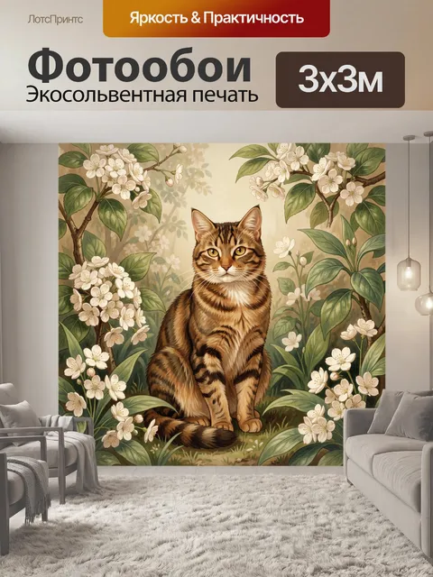 Фотообои Полосатый кот среди цветущих яблонь