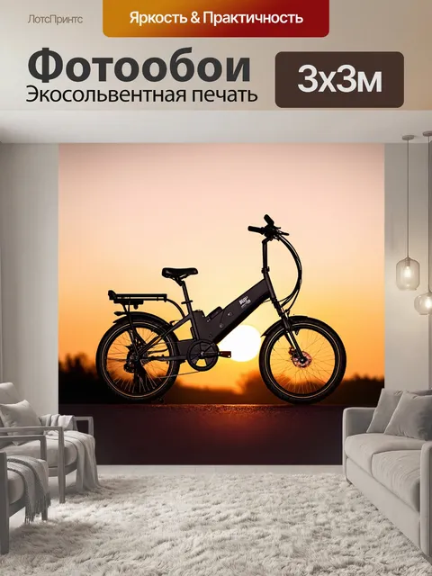 Фотообои романтический пейзаж с изображением складного электровелосипеда 250 вт на фоне заката