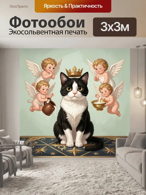 Фотообои Кот с короной и ангелы