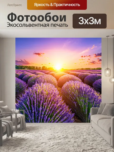 Фотообои фиолетовые поля лаванды под закатным небом