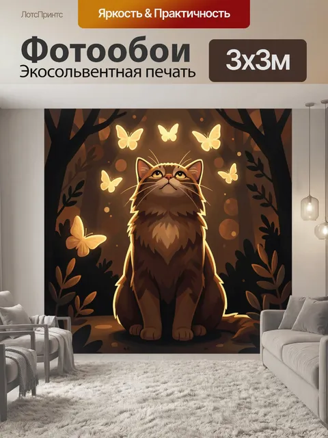 Фотообои Кот в лесу с бабочками