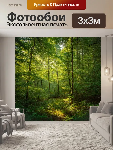 Фотообои полуденный лес с завихрениями мягкого света, проникающего сквозь листву