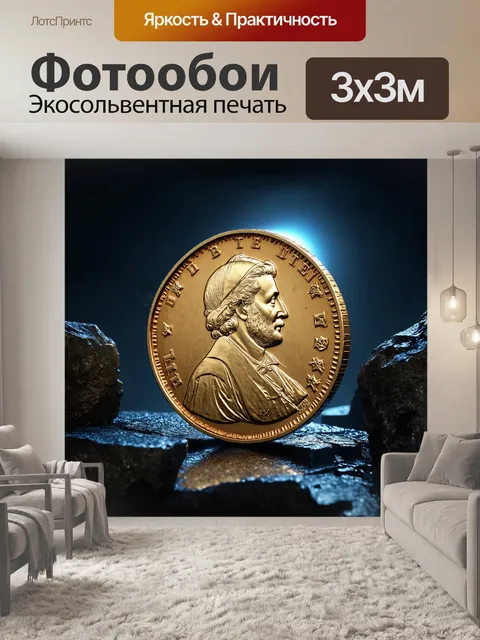 Фотообои монета, отчеканенная в технике 3d-моделирования, с реалистичными деталями и металлическим блеском, на фоне…