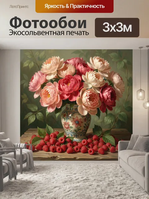 Фотообои Пионы и малина в вазе