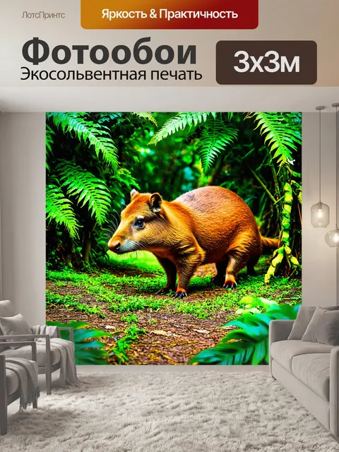 Фотообои капибара, исследующая тропический лес, среди лиан и папоротников, с живыми цветами и насыщенной зеленью