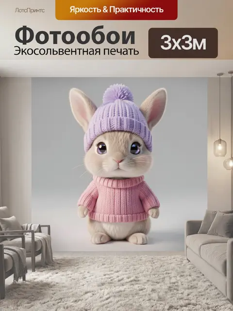 Фотообои Милый пушистый кролик в вязаной лиловой шапке с помпоном и розовом свитере