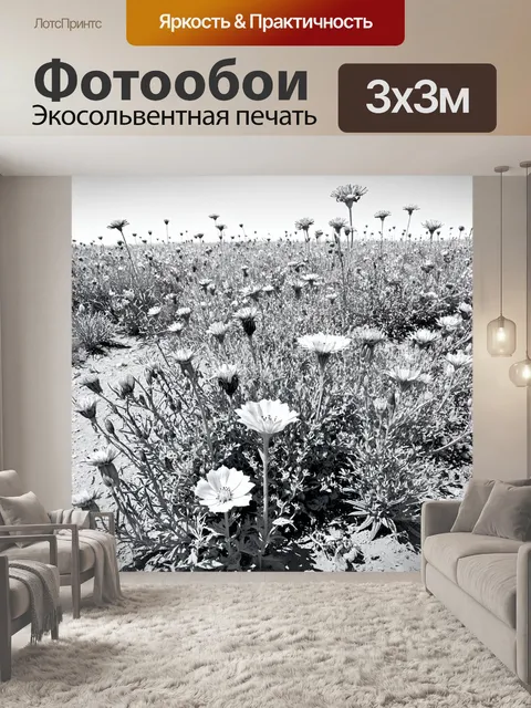 Фотообои цветы в стиле рисунка карандашом, пустынные цветы, акцент на текстуру и контраст, создание уникальной среды