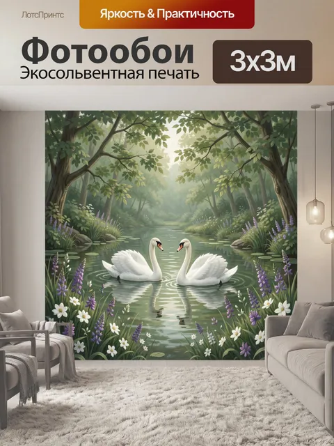 Фотообои Лебеди на лесном пруду среди цветов