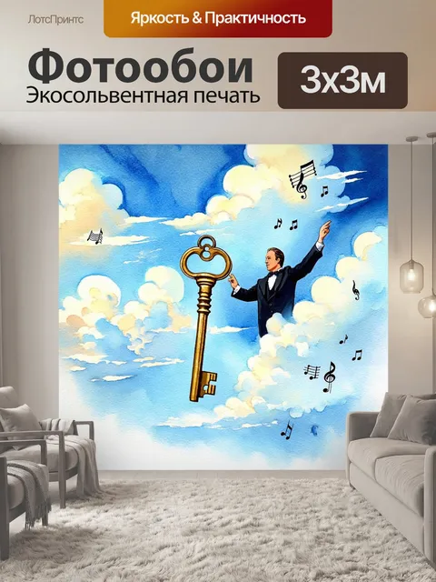 Фотообои создайте картина, где ключ с нотами и музыкальными символами плывет в облаках, словно дирижёр, управляющий…