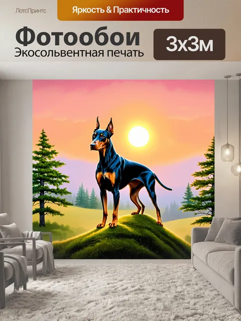 Фотообои пейзаж с доберманом, который стоит на вершине холма, освещённого мягким утренним светом