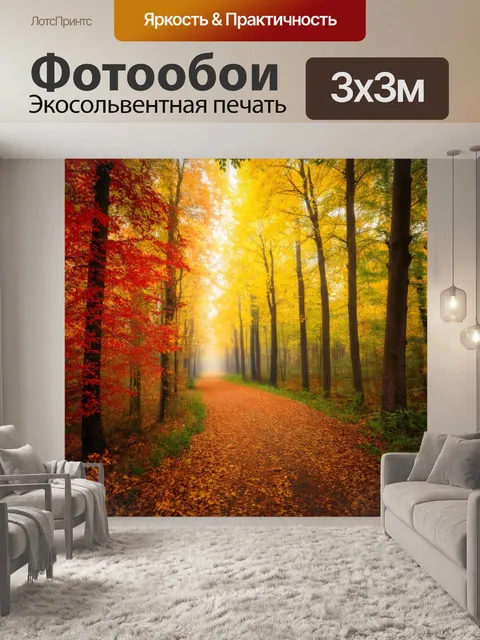 Фотообои россия леса, осень в лесу, яркие листья, золотые и красные оттенки, уютная тропинка, легкий туман
