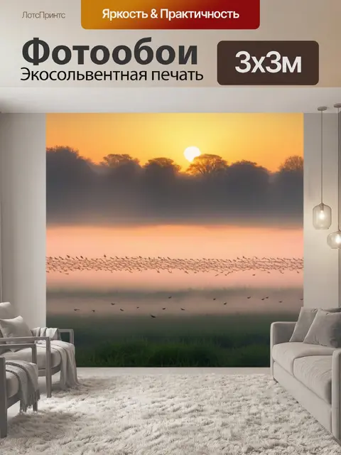 Фотообои рассвет, окутанный утренним туманом с поющими птицами