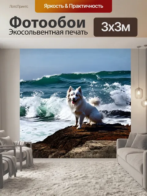 Фотообои на изображении белый шпиц позирует на высоком скалистом утесе, окаймленном бушующими морскими волнами