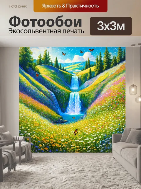 Фотообои яркий водопад среди цветущих долин
